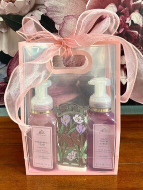 NEW 4-Pc Foaming Hand Soap with Holder in Pink Bag Bath & Body Works
